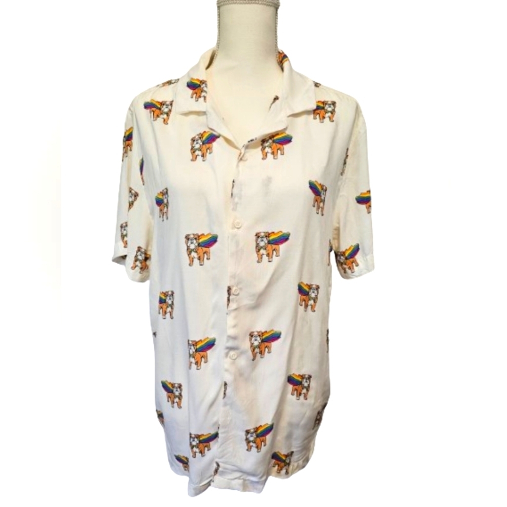 Denim & Flower White Shirt with Vibrant Dog Design